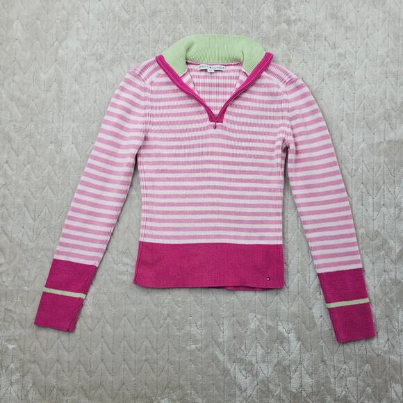 VTG Tommy Hilfiger Sweater Womens Small 1/4 Zip Y2K Preppy Collar Striped Pink - Picture 1 of 6